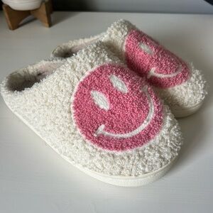 Cozy Cream Slippers with Pink Smiley Face